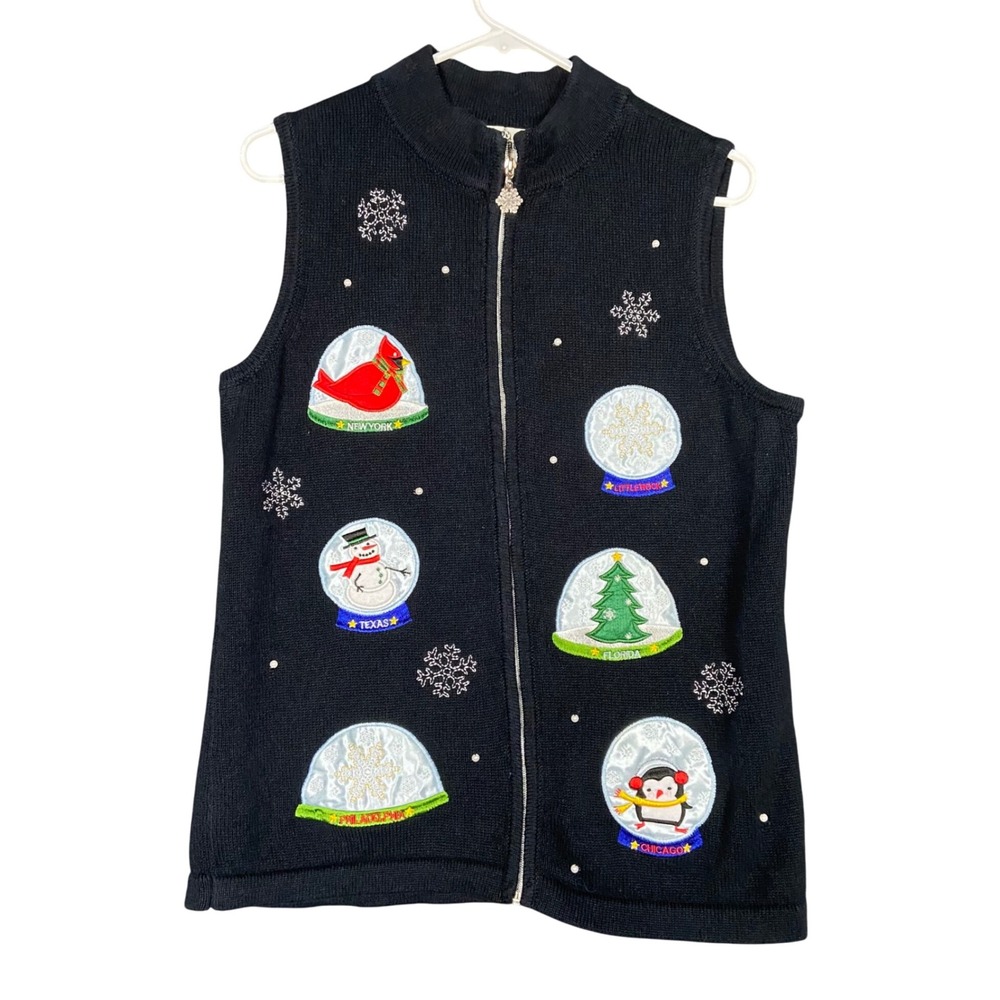 Vintage Nouveaux Women's L Black Zip Christmas Sweater Vest Snow Globe Holiday‎
